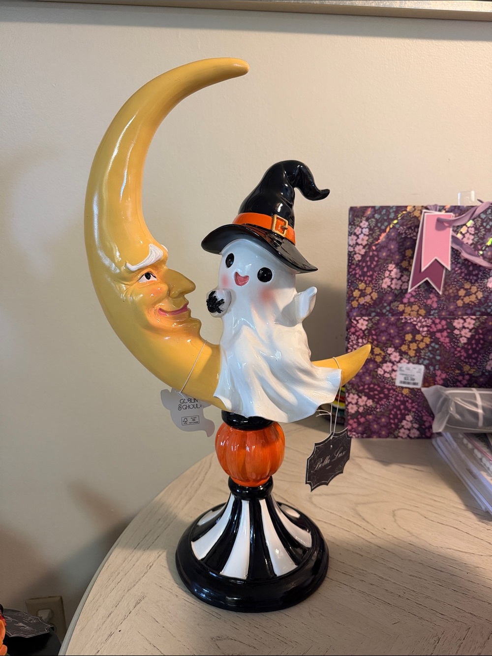 Halloween Moon & Ghost Table Accent - Yellow, White, Black, Orange